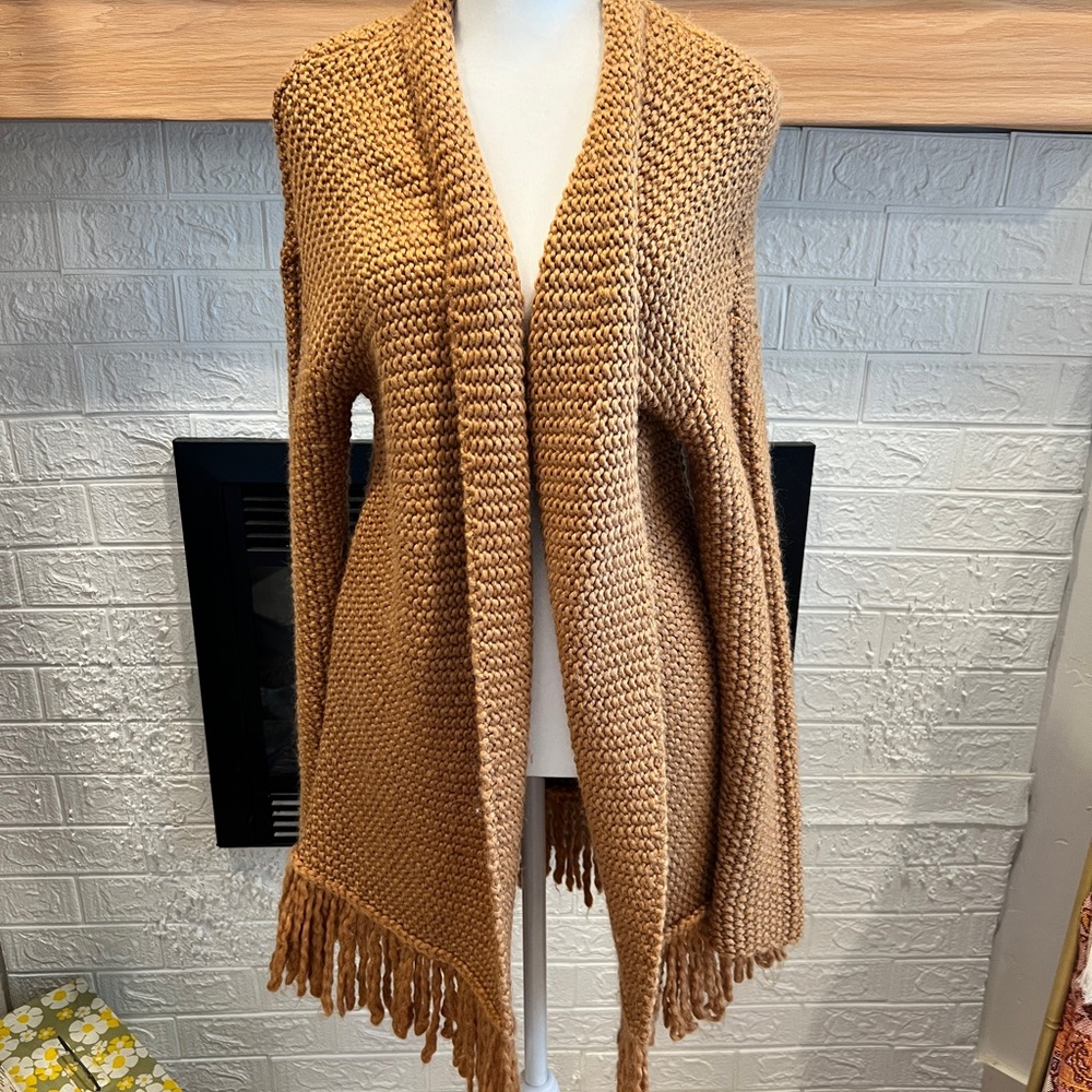 Cozy Tan Knit Sweater with Fringe